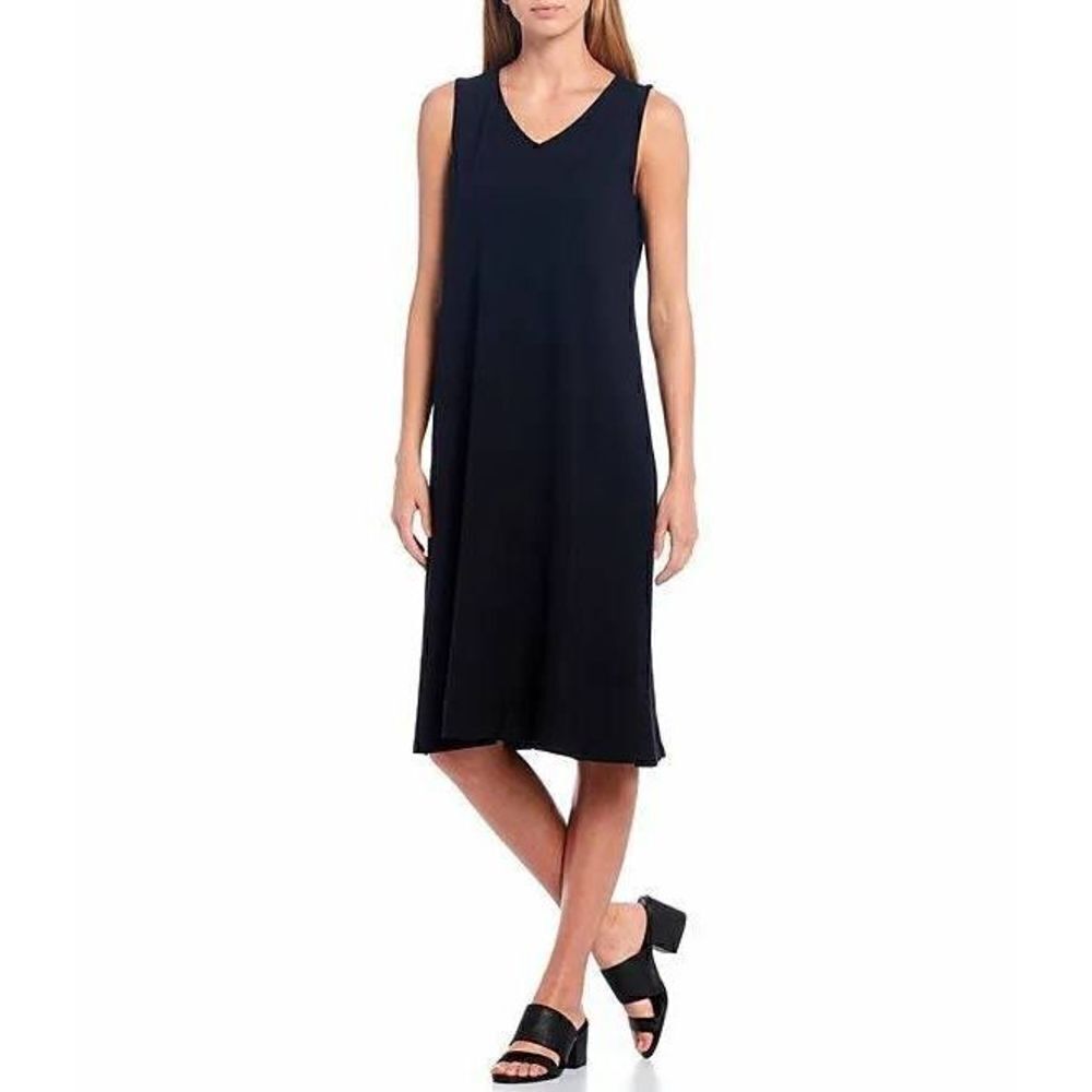 Eileen Fisher Viscose Knit Dress SZ M Midi V-Neck Designer Black
